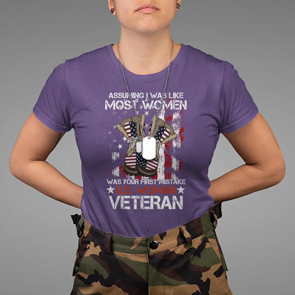 Female Veteran T Shirt Assuming I Was Like Most Women Was Your First Mistake American Flag Dog Tags And Combat Boots TS02 Purple Printyourwear