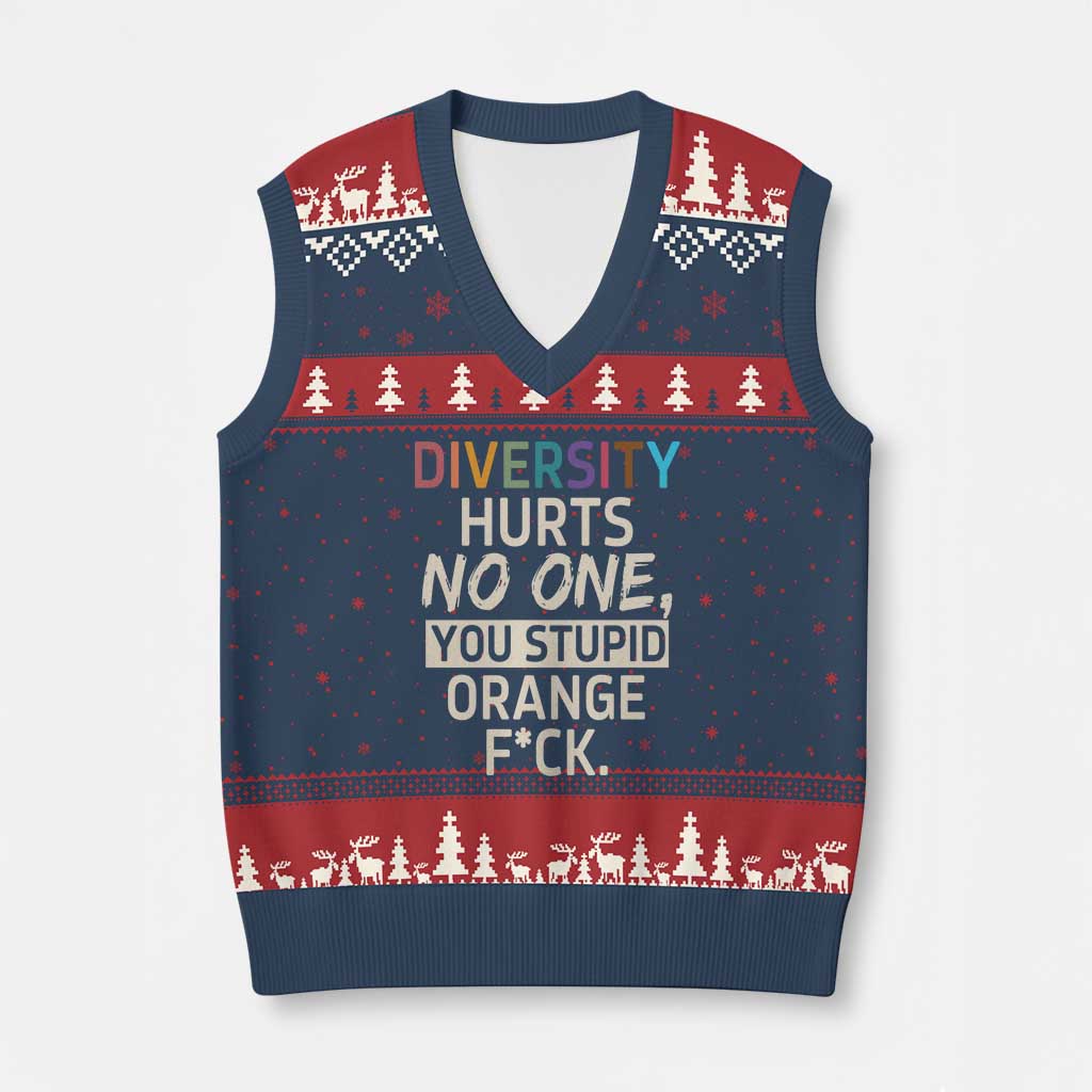 Diversity Hurts No One V-Neck Knit Sweater Vest Equality and Inclusion Bold Statement TS02 Navy Red Print Your Wear