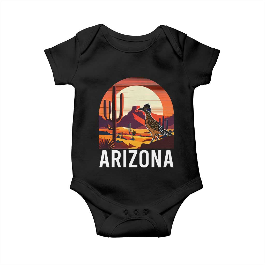 Retro Arizona Roadrunner Desert Sunset Graphic Baby Onesie Southwest Saguaro Cactus Wildlife Travel Souvenir TS02 Black Print Your Wear