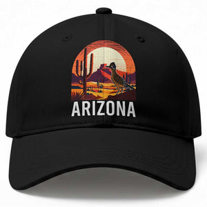Retro Arizona Roadrunner Desert Sunset Graphic Baseball Cap Southwest Saguaro Cactus Wildlife Travel Souvenir