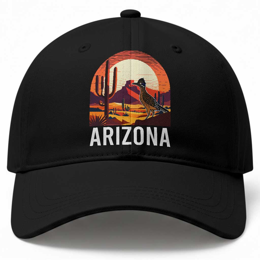 Retro Arizona Roadrunner Desert Sunset Graphic Baseball Cap Southwest Saguaro Cactus Wildlife Travel Souvenir TS02 Print Your Wear