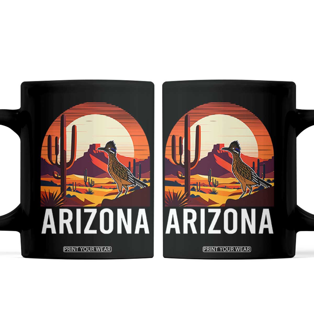 Retro Arizona Roadrunner Desert Sunset Graphic Coffee Mug Southwest Saguaro Cactus Wildlife Travel Souvenir TS02 Black Print Your Wear