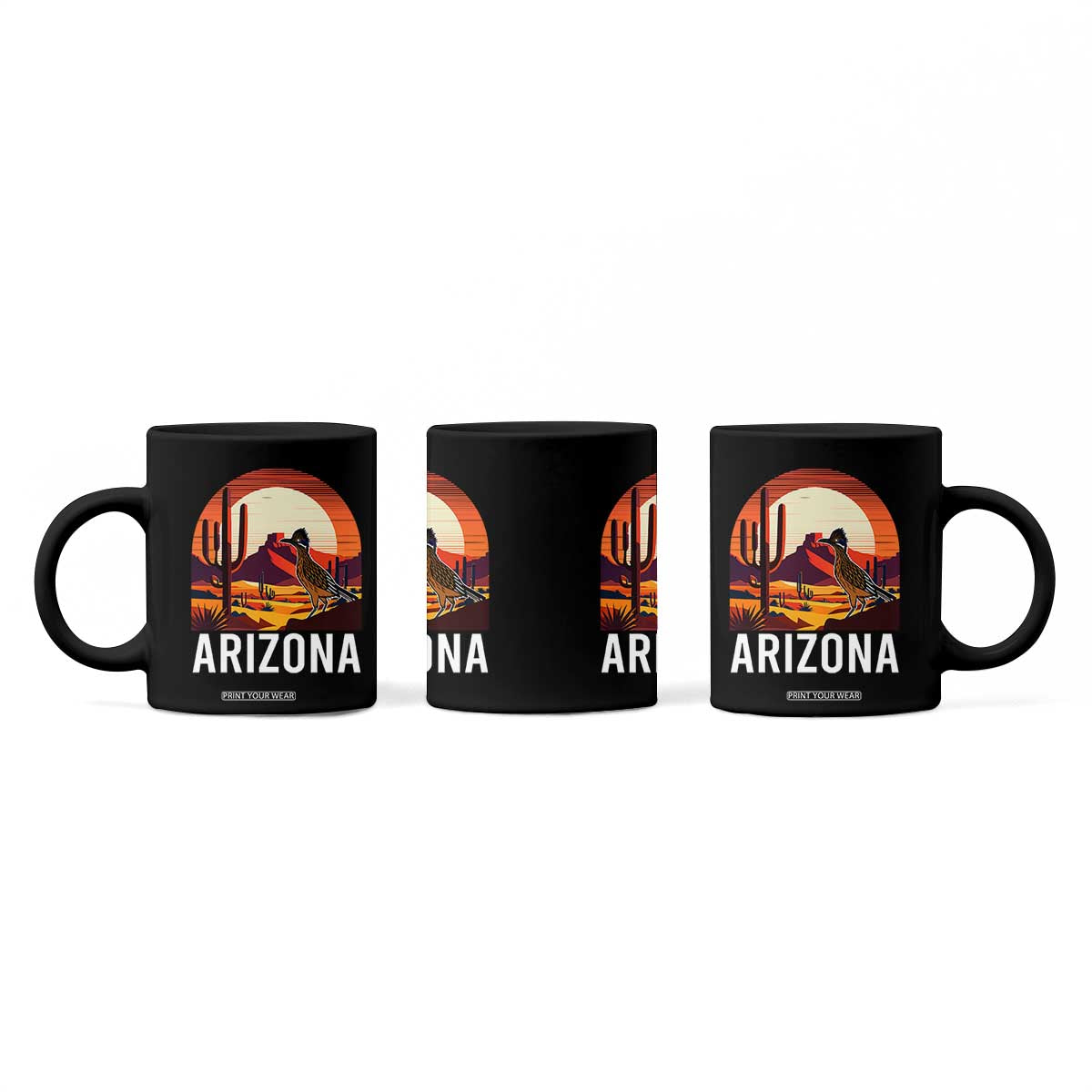 Retro Arizona Roadrunner Desert Sunset Graphic Coffee Mug Southwest Saguaro Cactus Wildlife Travel Souvenir