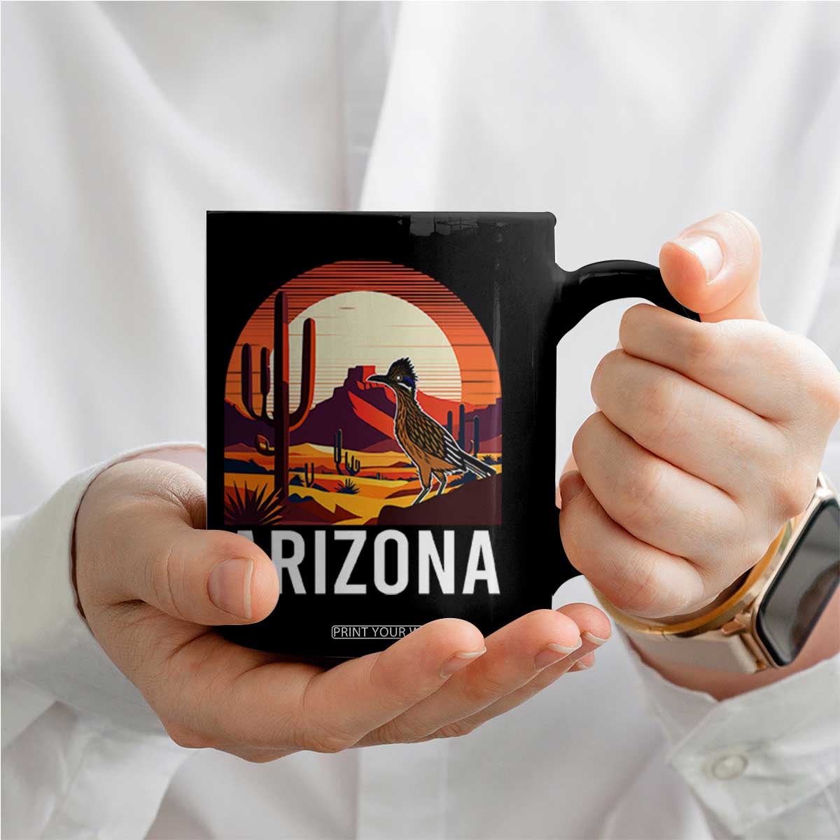 Retro Arizona Roadrunner Desert Sunset Graphic Coffee Mug Southwest Saguaro Cactus Wildlife Travel Souvenir