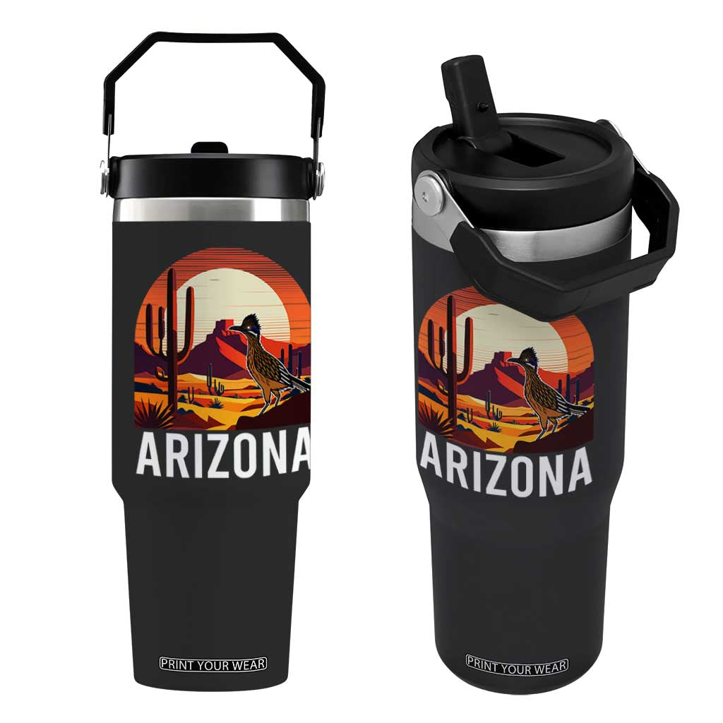 Retro Arizona Roadrunner Desert Sunset Graphic Flip Straw Tumbler Southwest Saguaro Cactus Wildlife Travel Souvenir TS02 One Size: 30 oz Black Print Your Wear