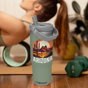 Retro Arizona Roadrunner Desert Sunset Graphic Flip Straw Tumbler Southwest Saguaro Cactus Wildlife Travel Souvenir