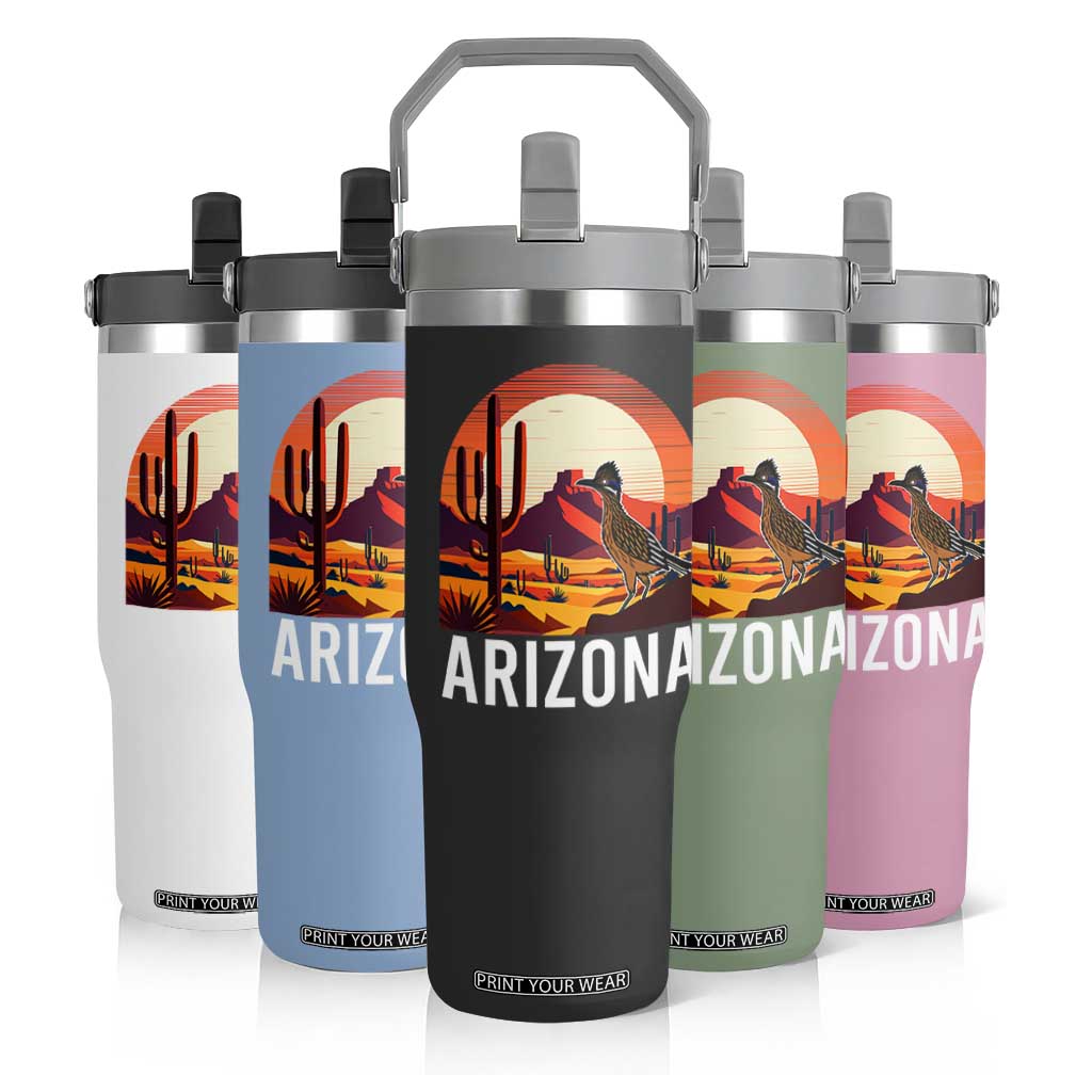 Retro Arizona Roadrunner Desert Sunset Graphic Flip Straw Tumbler Southwest Saguaro Cactus Wildlife Travel Souvenir