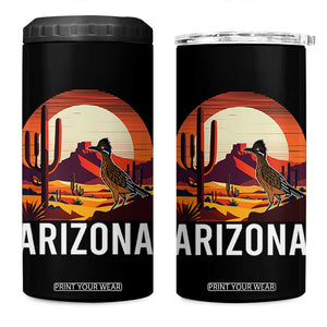 Retro Arizona Roadrunner Desert Sunset Graphic 4 in 1 Can Cooler Tumbler Southwest Saguaro Cactus Wildlife Travel Souvenir