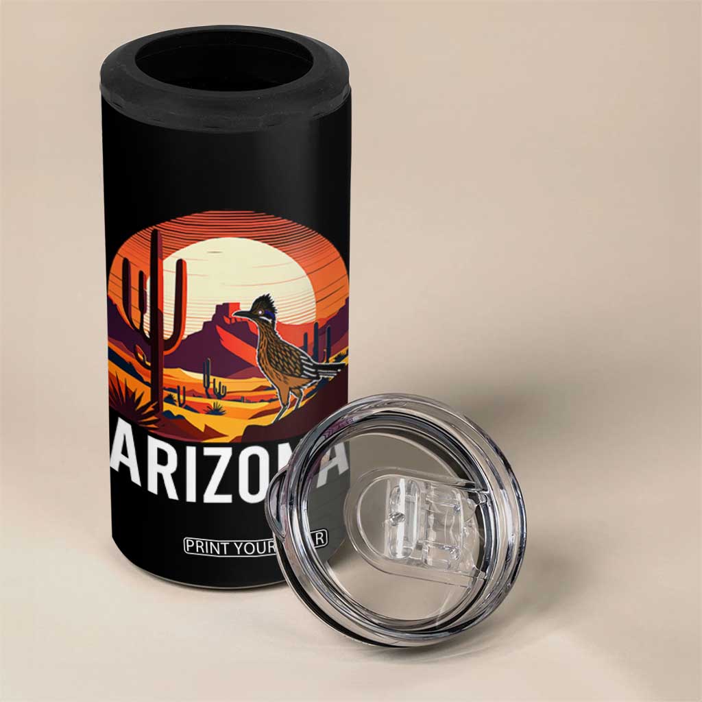 Retro Arizona Roadrunner Desert Sunset Graphic 4 in 1 Can Cooler Tumbler Southwest Saguaro Cactus Wildlife Travel Souvenir