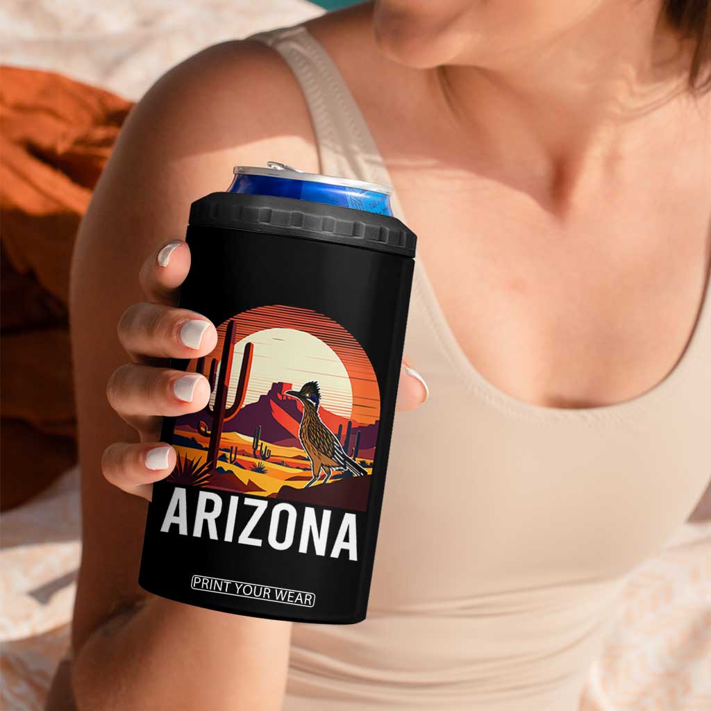 Retro Arizona Roadrunner Desert Sunset Graphic 4 in 1 Can Cooler Tumbler Southwest Saguaro Cactus Wildlife Travel Souvenir