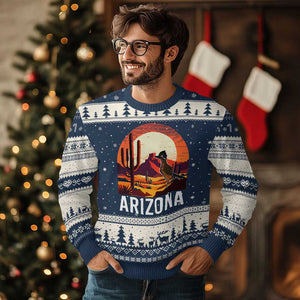 Retro Arizona Roadrunner Desert Sunset Graphic Ugly Christmas Sweater Southwest Saguaro Cactus Wildlife Travel Souvenir