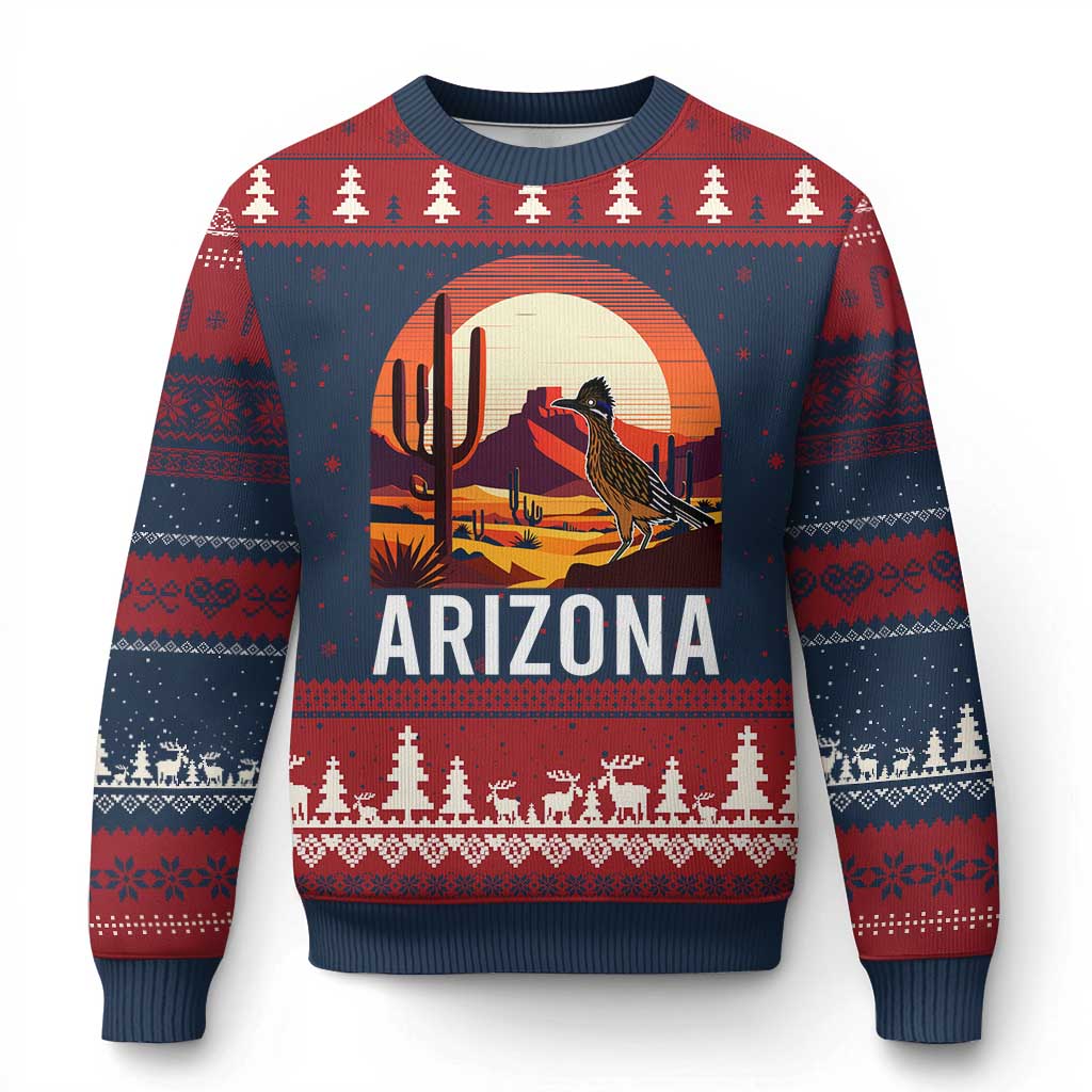 Retro Arizona Roadrunner Desert Sunset Graphic Ugly Christmas Sweater Southwest Saguaro Cactus Wildlife Travel Souvenir