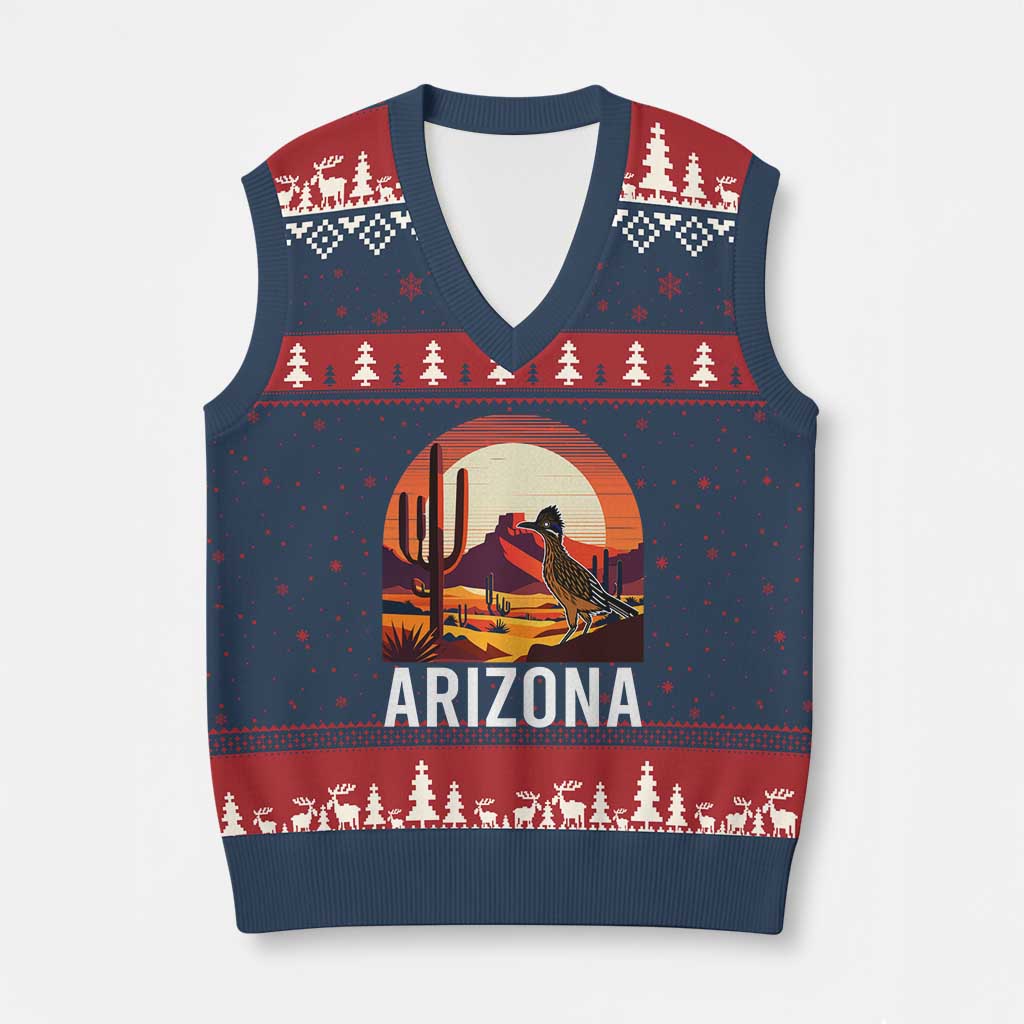 Retro Arizona Roadrunner Desert Sunset Graphic V-Neck Knit Sweater Vest Southwest Saguaro Cactus Wildlife Travel Souvenir TS02 Navy Red Print Your Wear