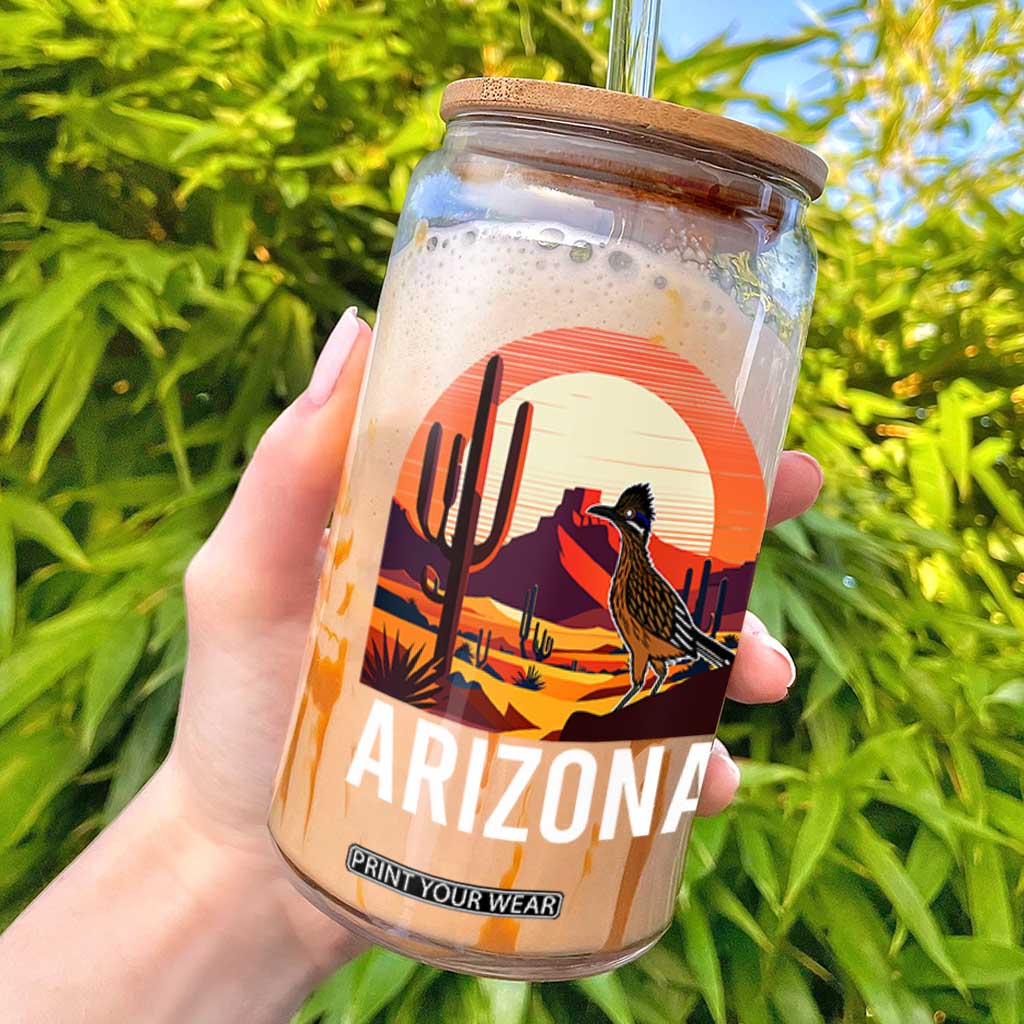 Retro Arizona Roadrunner Desert Sunset Graphic Glass Can Southwest Saguaro Cactus Wildlife Travel Souvenir TS02 Black Print Your Wear