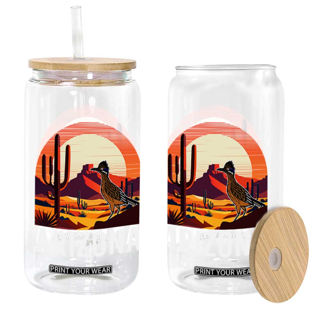 Retro Arizona Roadrunner Desert Sunset Graphic Glass Can Southwest Saguaro Cactus Wildlife Travel Souvenir