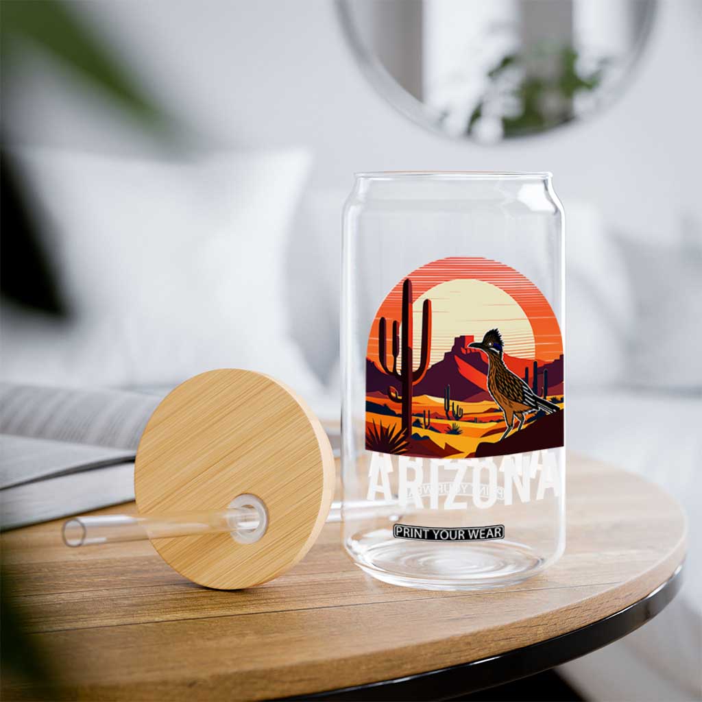 Retro Arizona Roadrunner Desert Sunset Graphic Glass Can Southwest Saguaro Cactus Wildlife Travel Souvenir