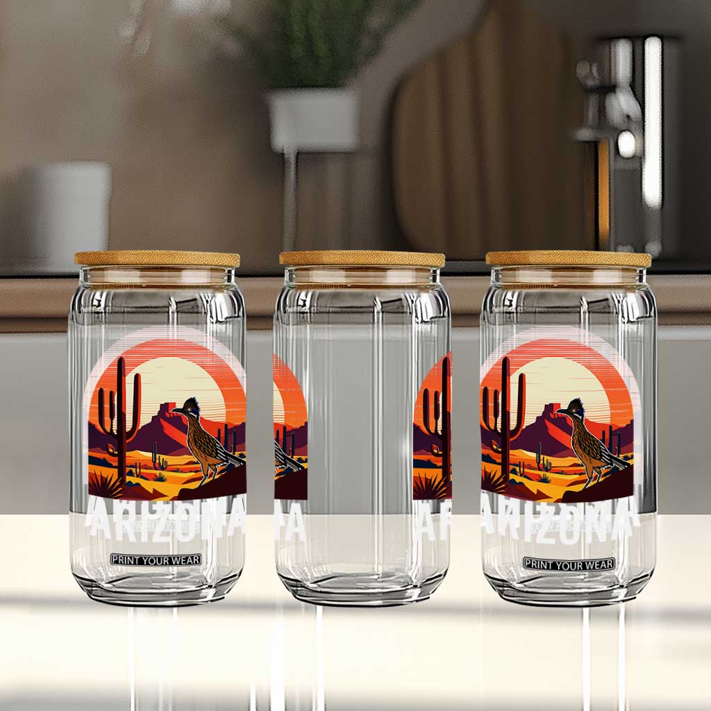 Retro Arizona Roadrunner Desert Sunset Graphic Glass Can Southwest Saguaro Cactus Wildlife Travel Souvenir