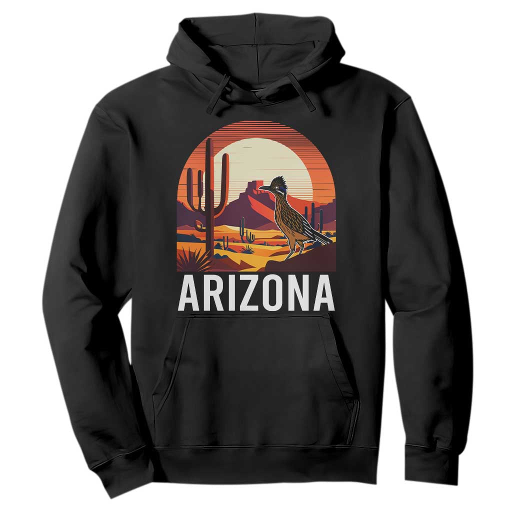 Retro Arizona Roadrunner Desert Sunset Graphic Hoodie Southwest Saguaro Cactus Wildlife Travel Souvenir TS02 Black Print Your Wear