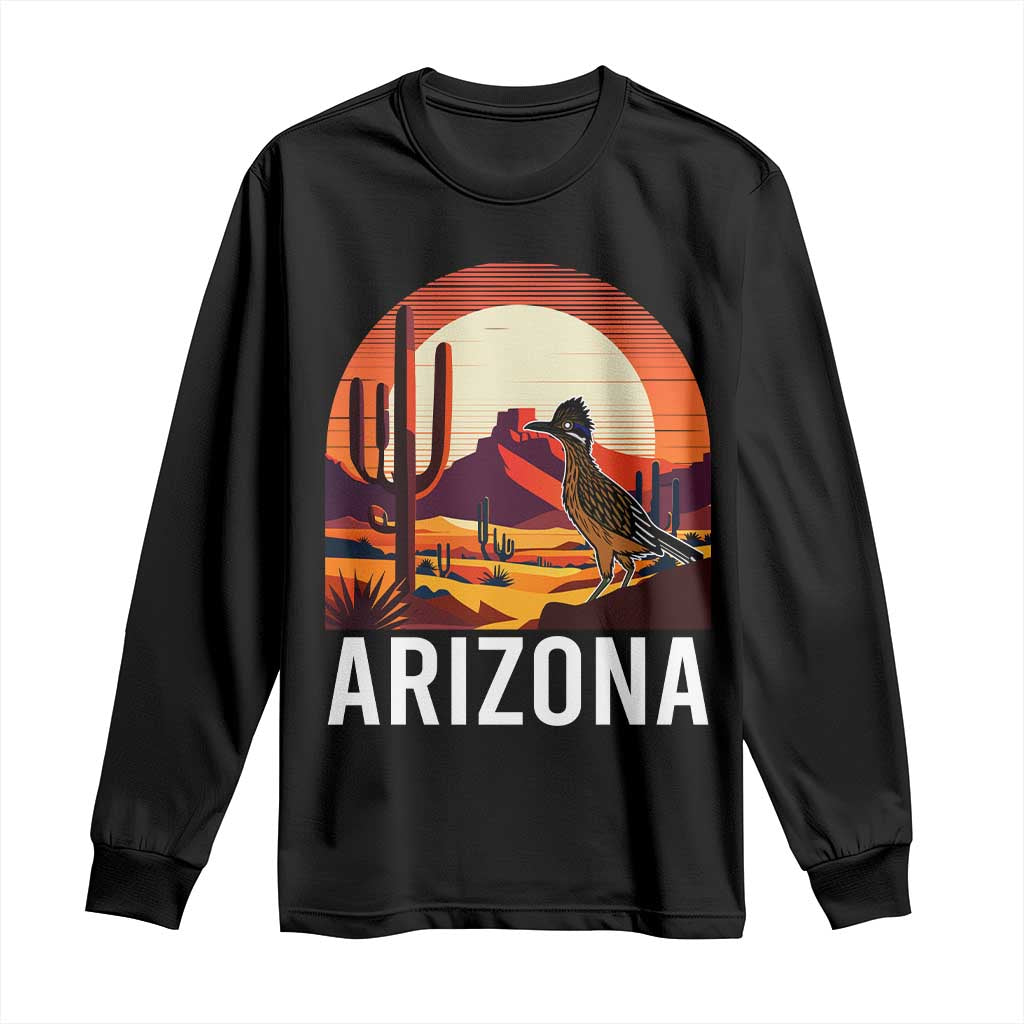 Retro Arizona Roadrunner Desert Sunset Graphic Long Sleeve Shirt Southwest Saguaro Cactus Wildlife Travel Souvenir TS02 Black Print Your Wear