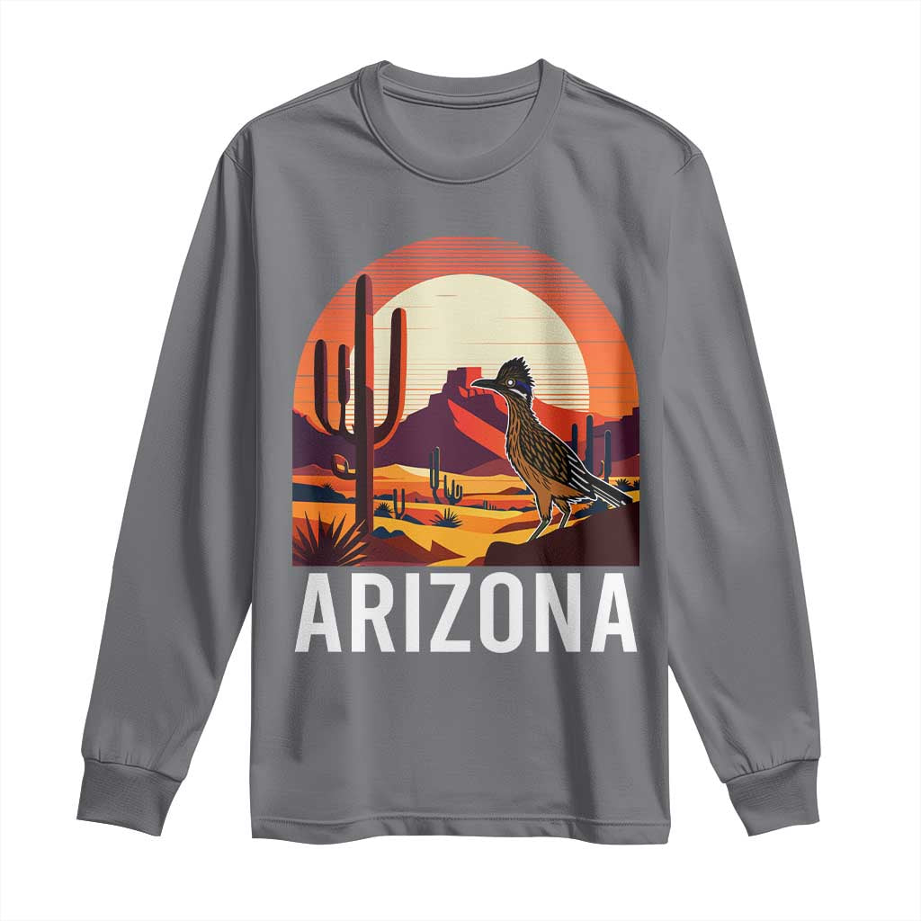 Retro Arizona Roadrunner Desert Sunset Graphic Long Sleeve Shirt Southwest Saguaro Cactus Wildlife Travel Souvenir