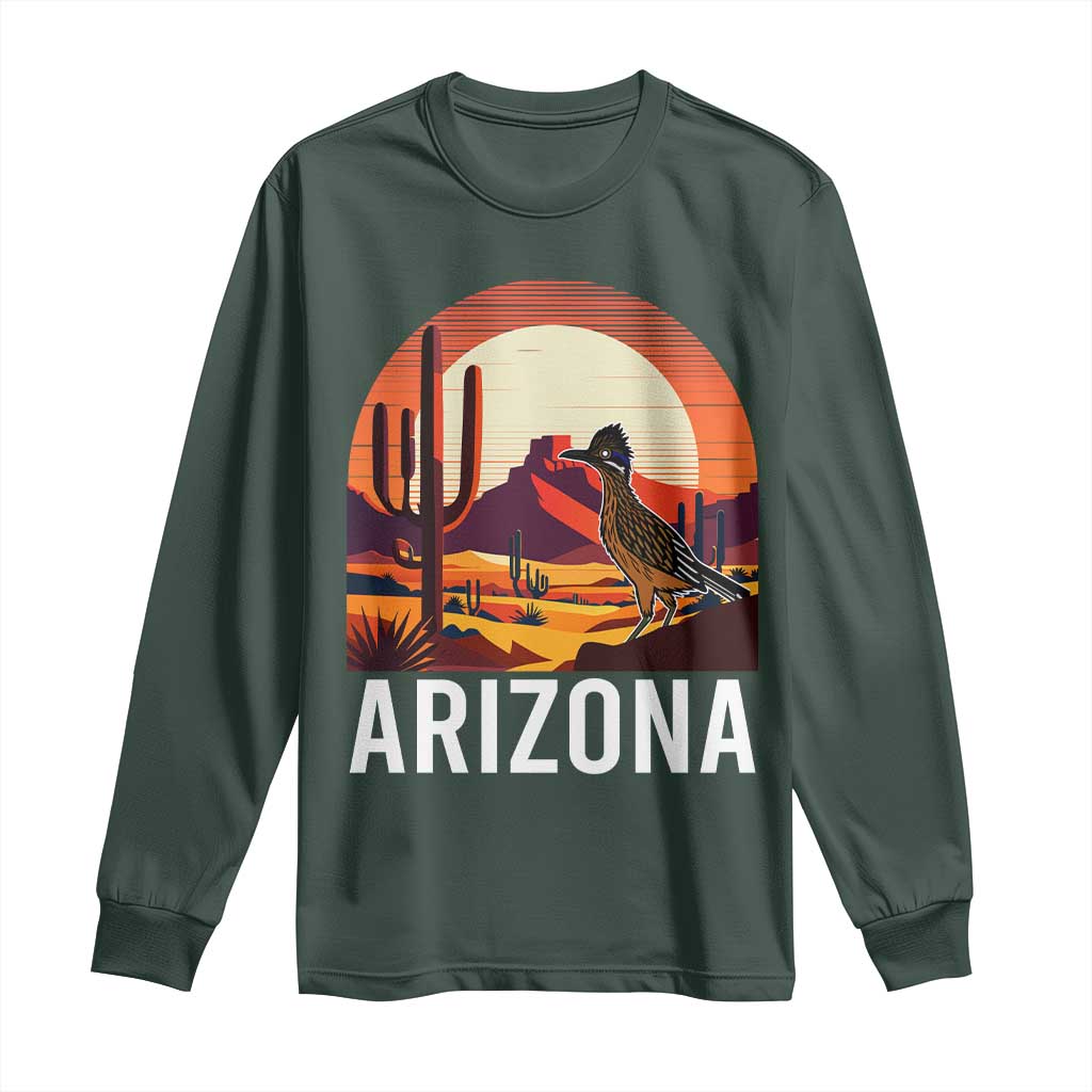 Retro Arizona Roadrunner Desert Sunset Graphic Long Sleeve Shirt Southwest Saguaro Cactus Wildlife Travel Souvenir