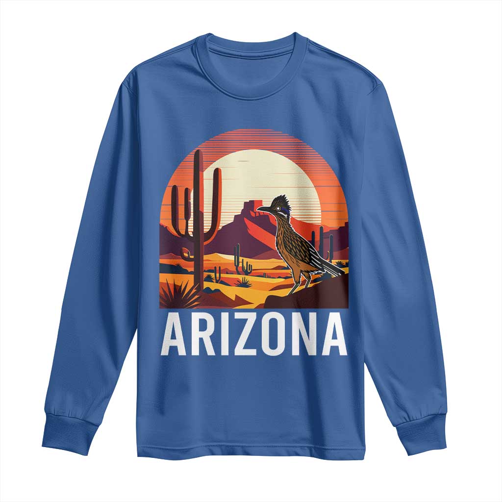 Retro Arizona Roadrunner Desert Sunset Graphic Long Sleeve Shirt Southwest Saguaro Cactus Wildlife Travel Souvenir