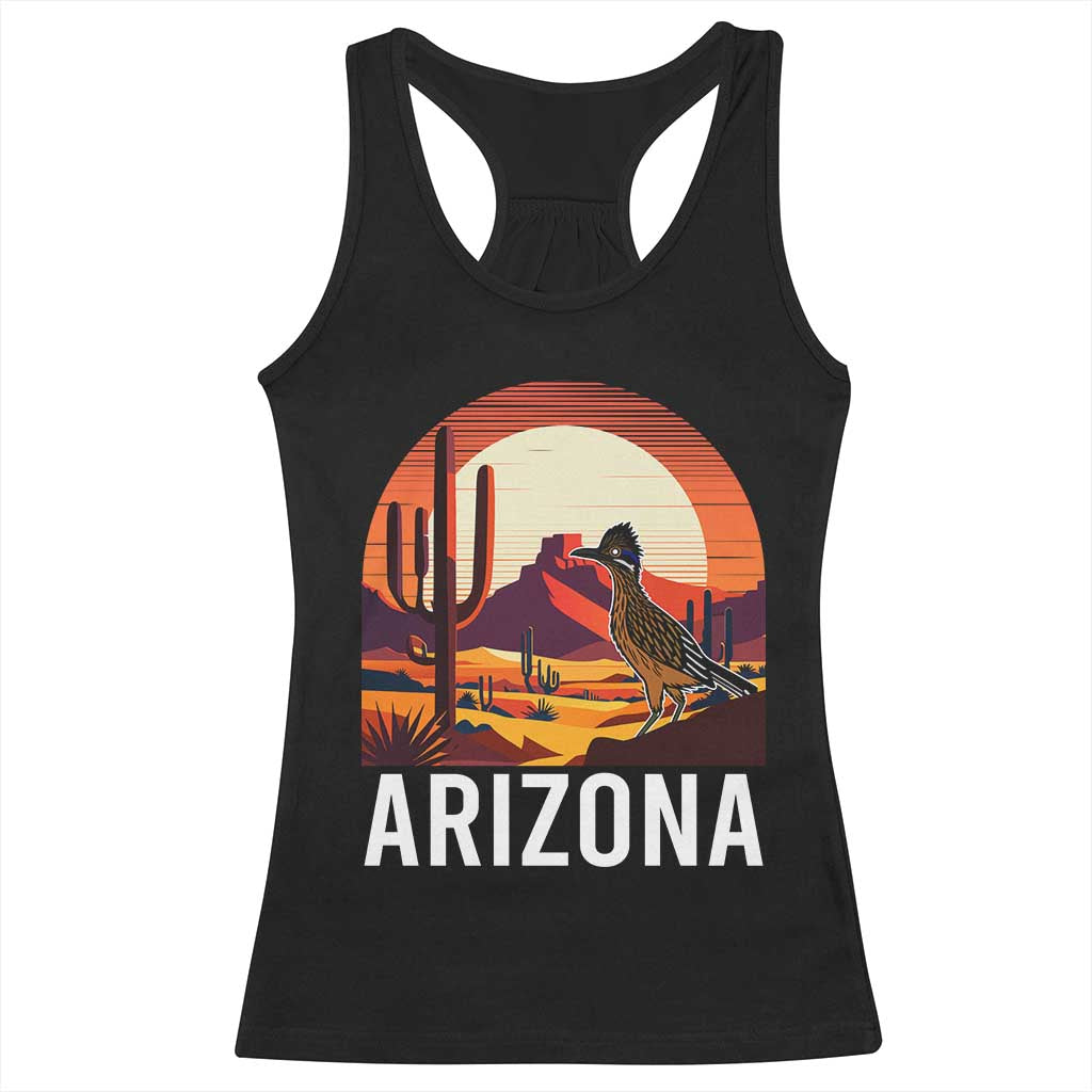 Retro Arizona Roadrunner Desert Sunset Graphic Racerback Tank Top Southwest Saguaro Cactus Wildlife Travel Souvenir TS02 Black Print Your Wear
