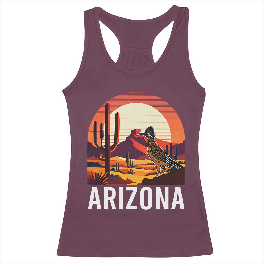 Retro Arizona Roadrunner Desert Sunset Graphic Racerback Tank Top Southwest Saguaro Cactus Wildlife Travel Souvenir