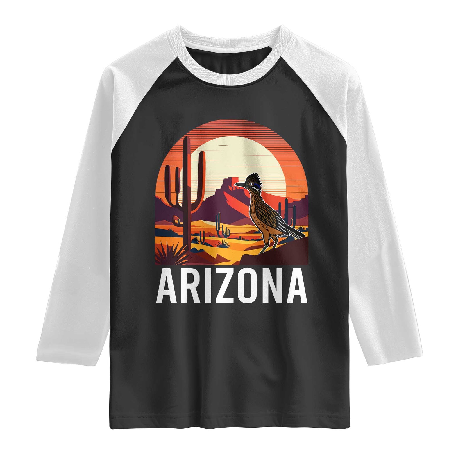 Retro Arizona Roadrunner Desert Sunset Graphic Raglan Shirt Southwest Saguaro Cactus Wildlife Travel Souvenir TS02 Black White Print Your Wear