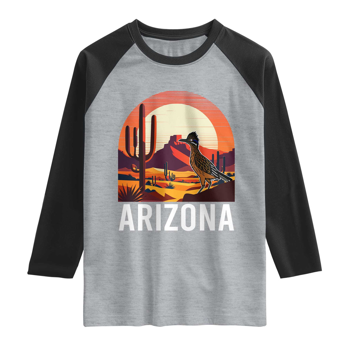 Retro Arizona Roadrunner Desert Sunset Graphic Raglan Shirt Southwest Saguaro Cactus Wildlife Travel Souvenir