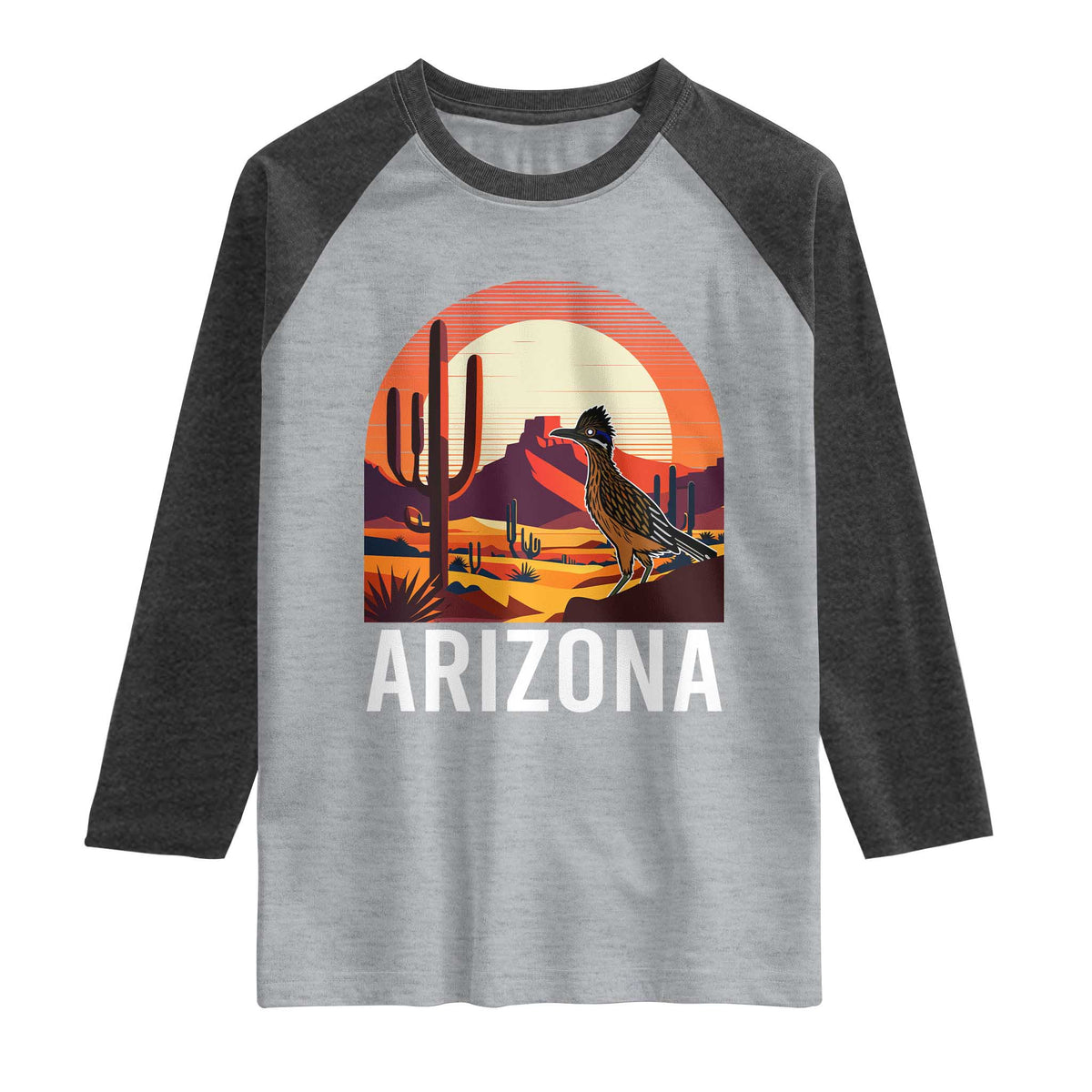 Retro Arizona Roadrunner Desert Sunset Graphic Raglan Shirt Southwest Saguaro Cactus Wildlife Travel Souvenir