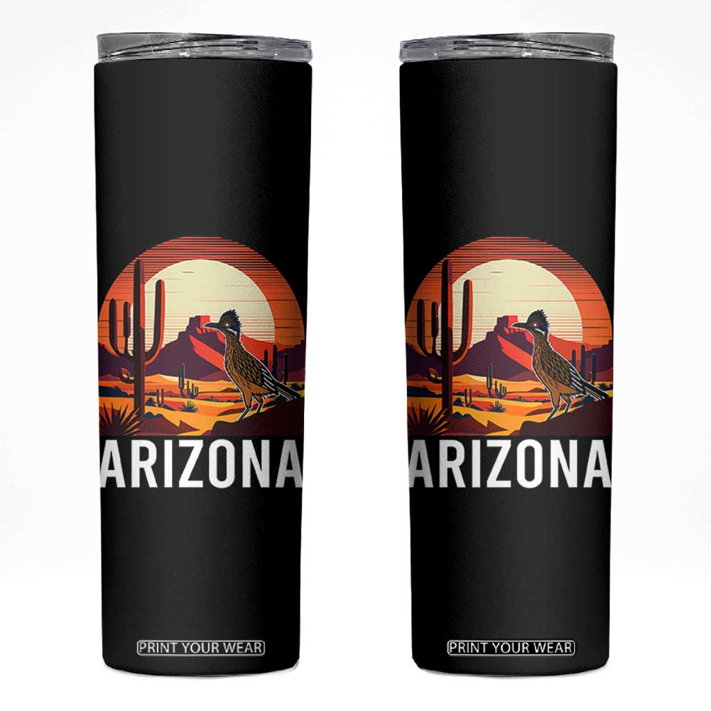 Retro Arizona Roadrunner Desert Sunset Graphic Skinny Tumbler Southwest Saguaro Cactus Wildlife Travel Souvenir TS02 Black Print Your Wear