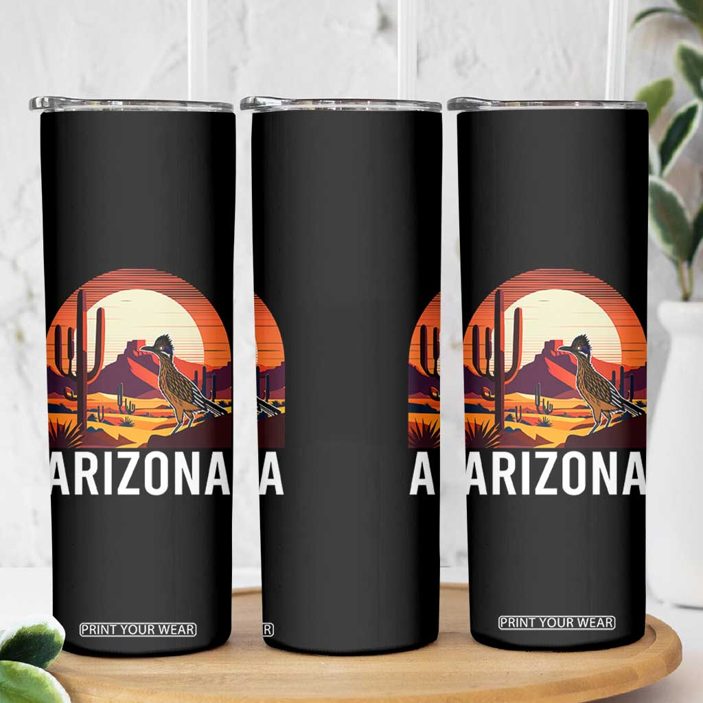 Retro Arizona Roadrunner Desert Sunset Graphic Skinny Tumbler Southwest Saguaro Cactus Wildlife Travel Souvenir