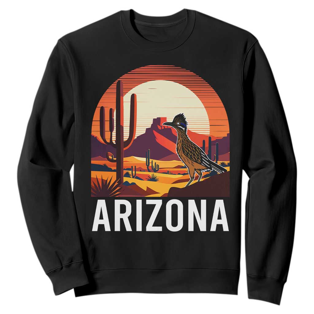 Retro Arizona Roadrunner Desert Sunset Graphic Sweatshirt Southwest Saguaro Cactus Wildlife Travel Souvenir
