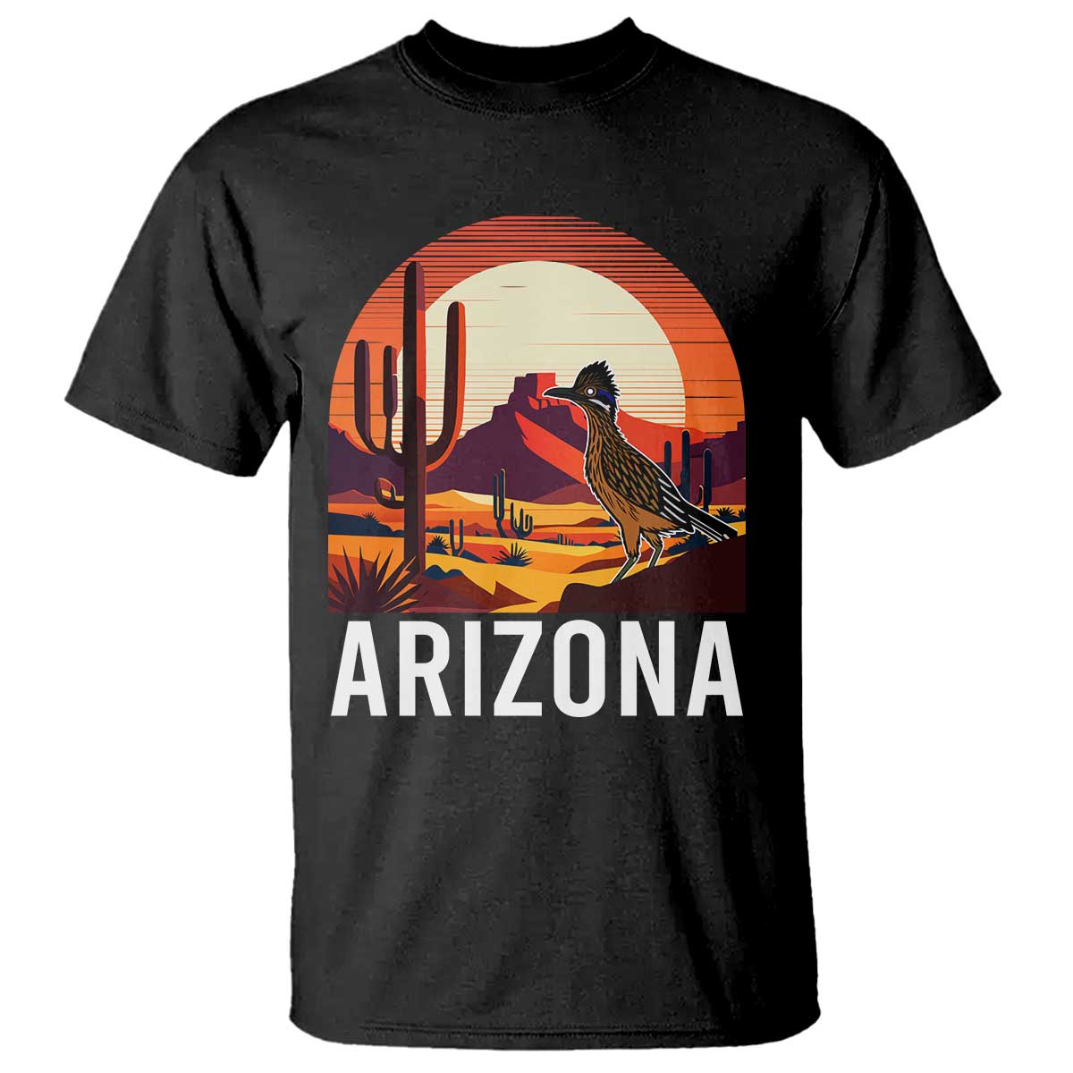 Retro Arizona Roadrunner Desert Sunset Graphic T Shirt Southwest Saguaro Cactus Wildlife Travel Souvenir