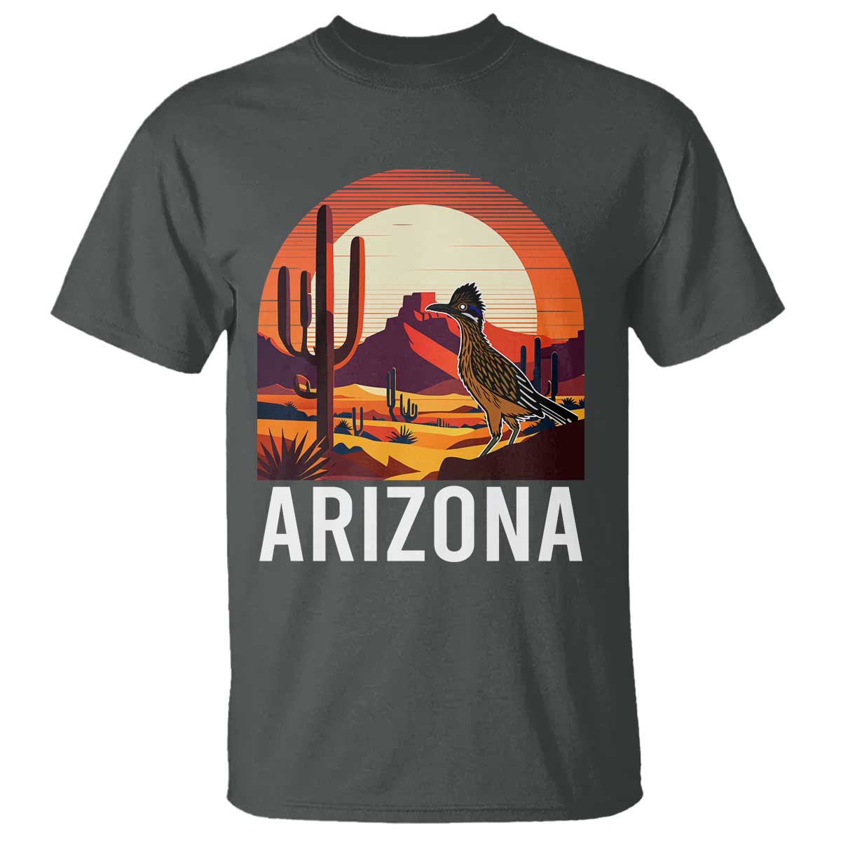 Retro Arizona Roadrunner Desert Sunset Graphic T Shirt Southwest Saguaro Cactus Wildlife Travel Souvenir