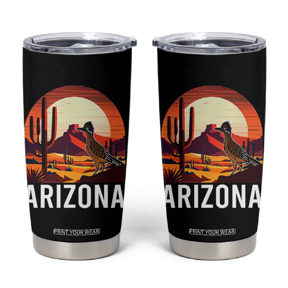 Retro Arizona Roadrunner Desert Sunset Graphic Tumbler Cup Southwest Saguaro Cactus Wildlife Travel Souvenir TS02 Black Print Your Wear