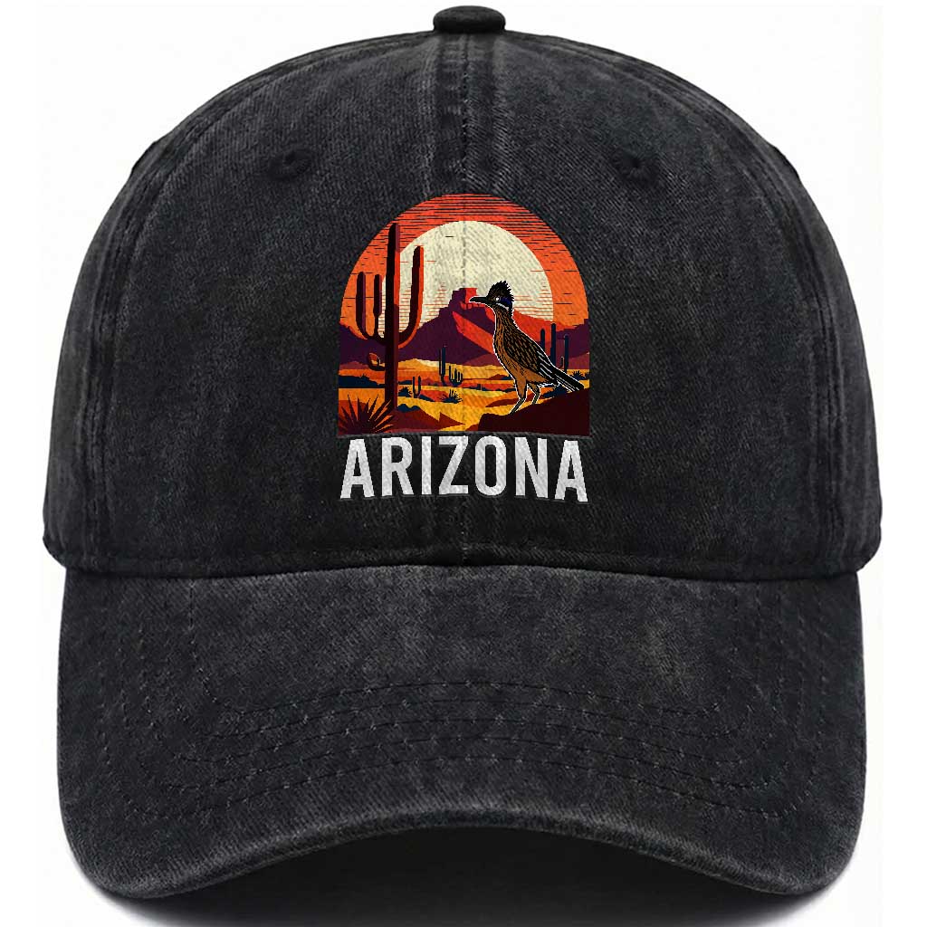 Retro Arizona Roadrunner Desert Sunset Graphic Washed Cotton Baseball Cap Southwest Saguaro Cactus Wildlife Travel Souvenir TS02 Print Your Wear