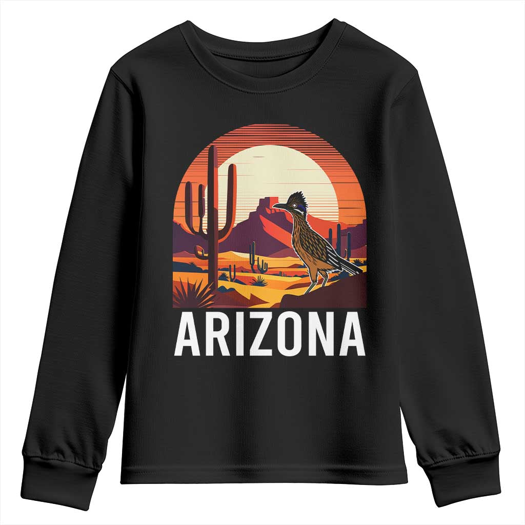Retro Arizona Roadrunner Desert Sunset Graphic Youth Sweatshirt Southwest Saguaro Cactus Wildlife Travel Souvenir TS02 Black Print Your Wear