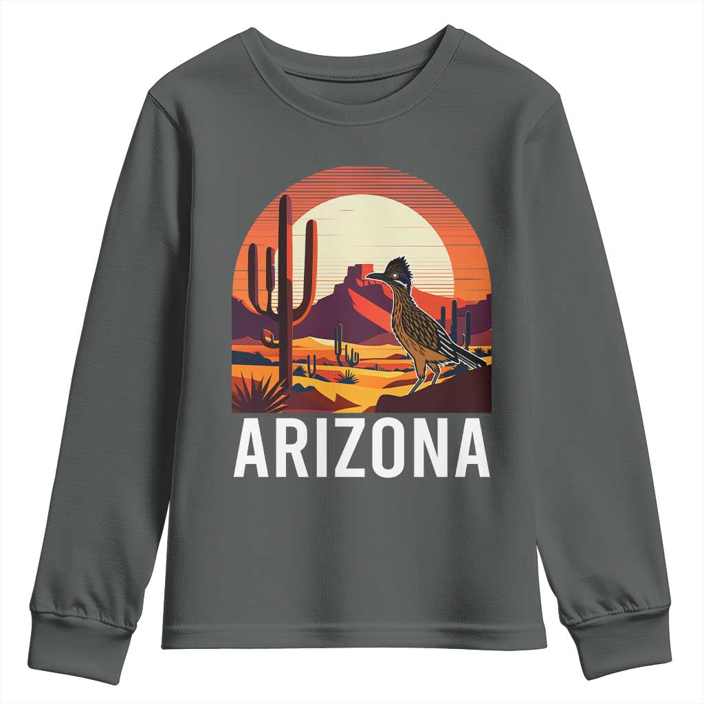 Retro Arizona Roadrunner Desert Sunset Graphic Youth Sweatshirt Southwest Saguaro Cactus Wildlife Travel Souvenir