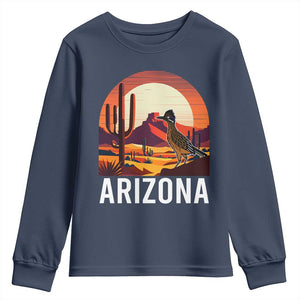 Retro Arizona Roadrunner Desert Sunset Graphic Youth Sweatshirt Southwest Saguaro Cactus Wildlife Travel Souvenir