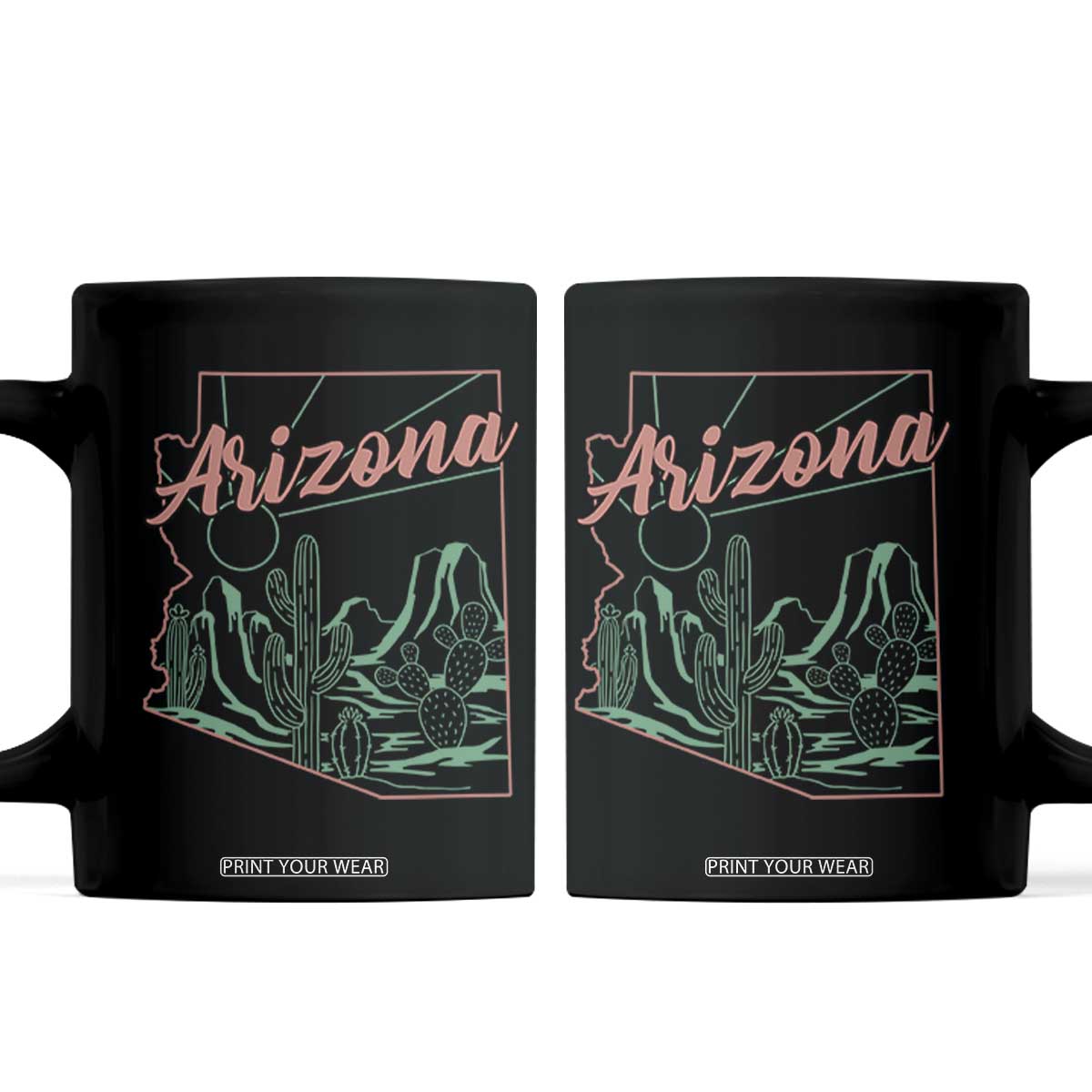 Vintage Arizona State Outline Desert Sunset Graphic Coffee Mug Retro Southwest Saguaro Cactus Travel Souvenir TS02 Black Print Your Wear