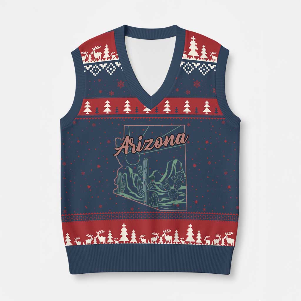Vintage Arizona State Outline Desert Sunset Graphic V-Neck Knit Sweater Vest Retro Southwest Saguaro Cactus Travel Souvenir TS02 Navy Red Print Your Wear