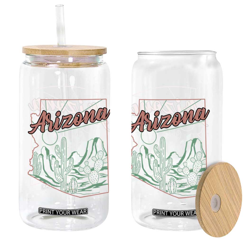 Vintage Arizona State Outline Desert Sunset Graphic Glass Can Retro Southwest Saguaro Cactus Travel Souvenir