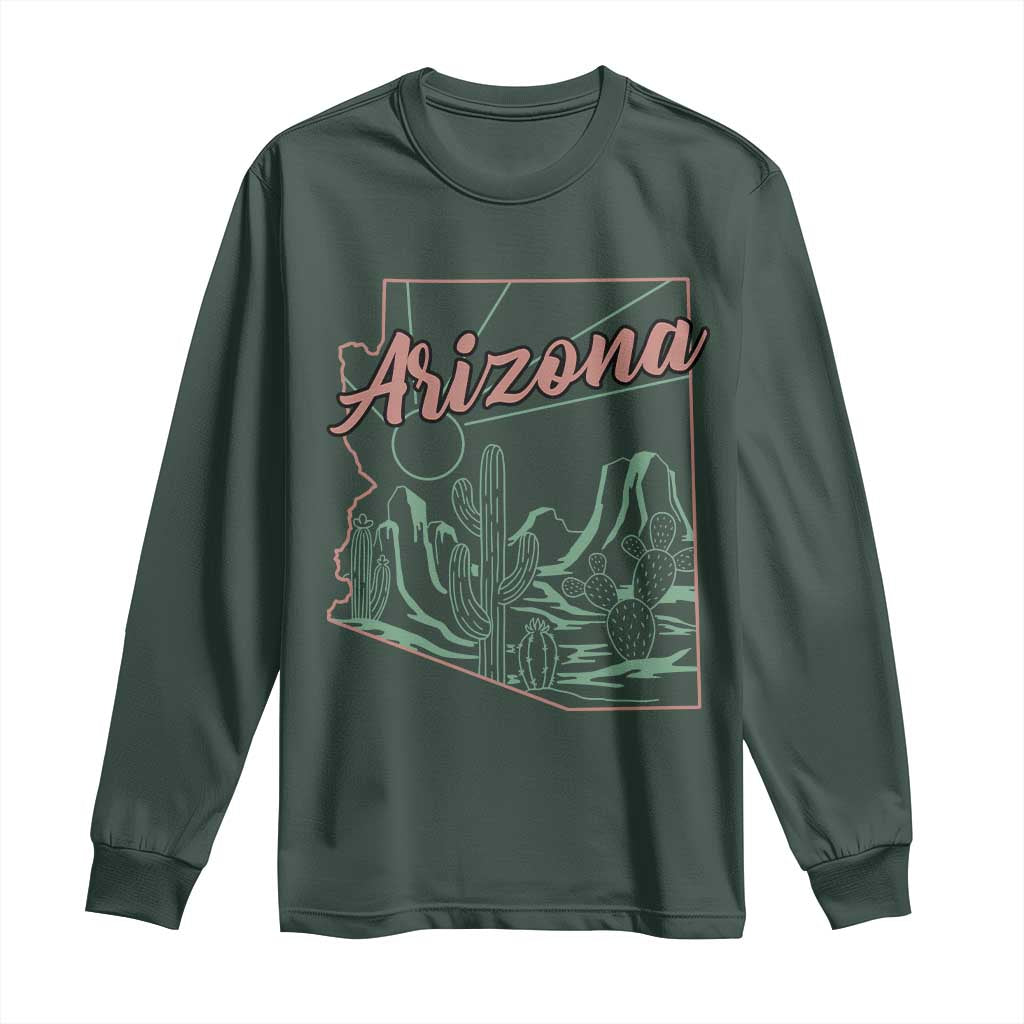 Vintage Arizona State Outline Desert Sunset Graphic Long Sleeve Shirt Retro Southwest Saguaro Cactus Travel Souvenir