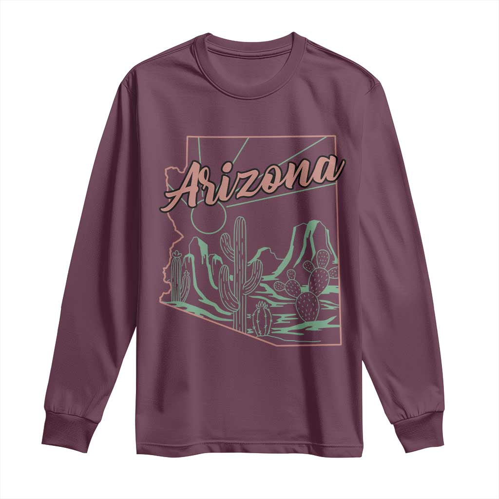 Vintage Arizona State Outline Desert Sunset Graphic Long Sleeve Shirt Retro Southwest Saguaro Cactus Travel Souvenir