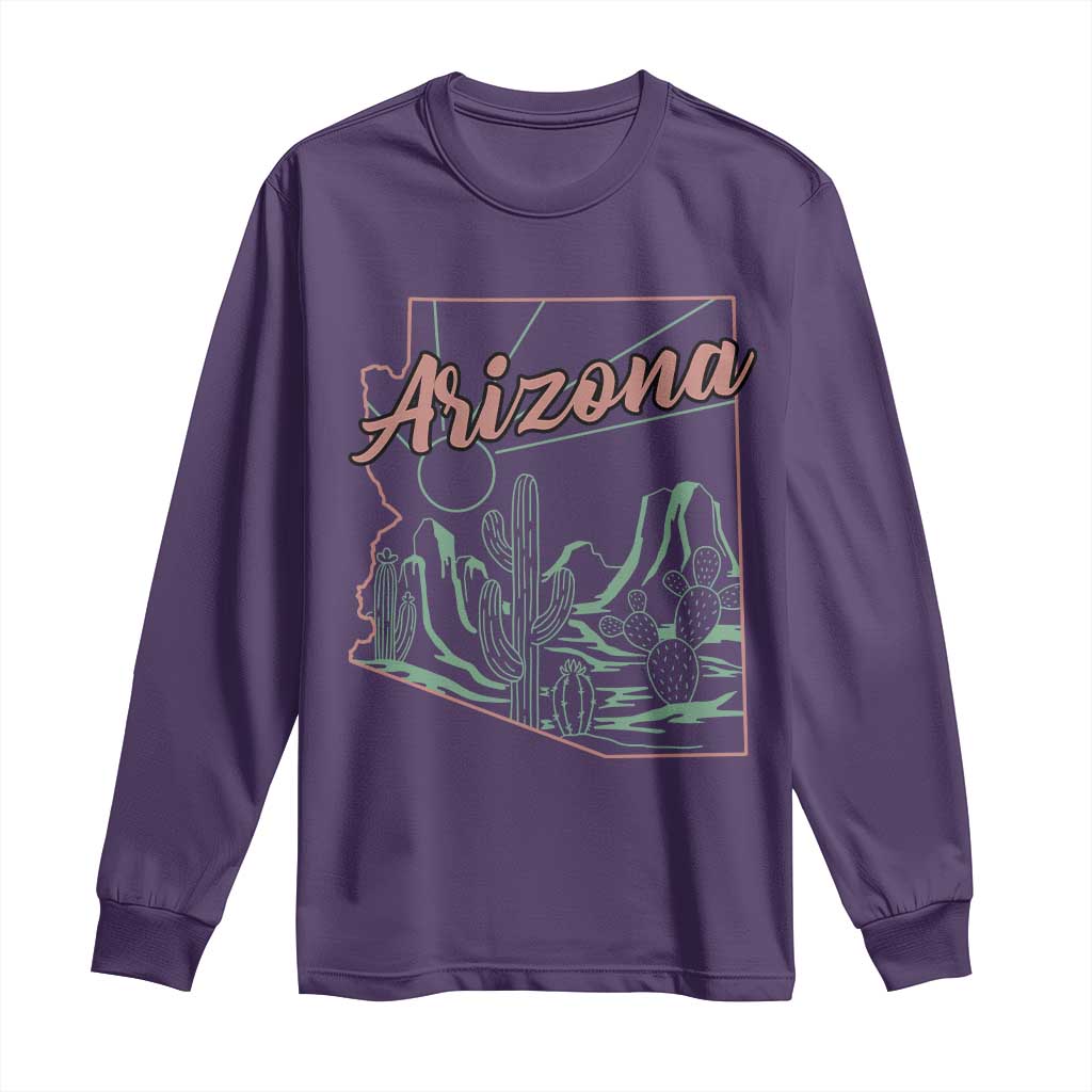 Vintage Arizona State Outline Desert Sunset Graphic Long Sleeve Shirt Retro Southwest Saguaro Cactus Travel Souvenir