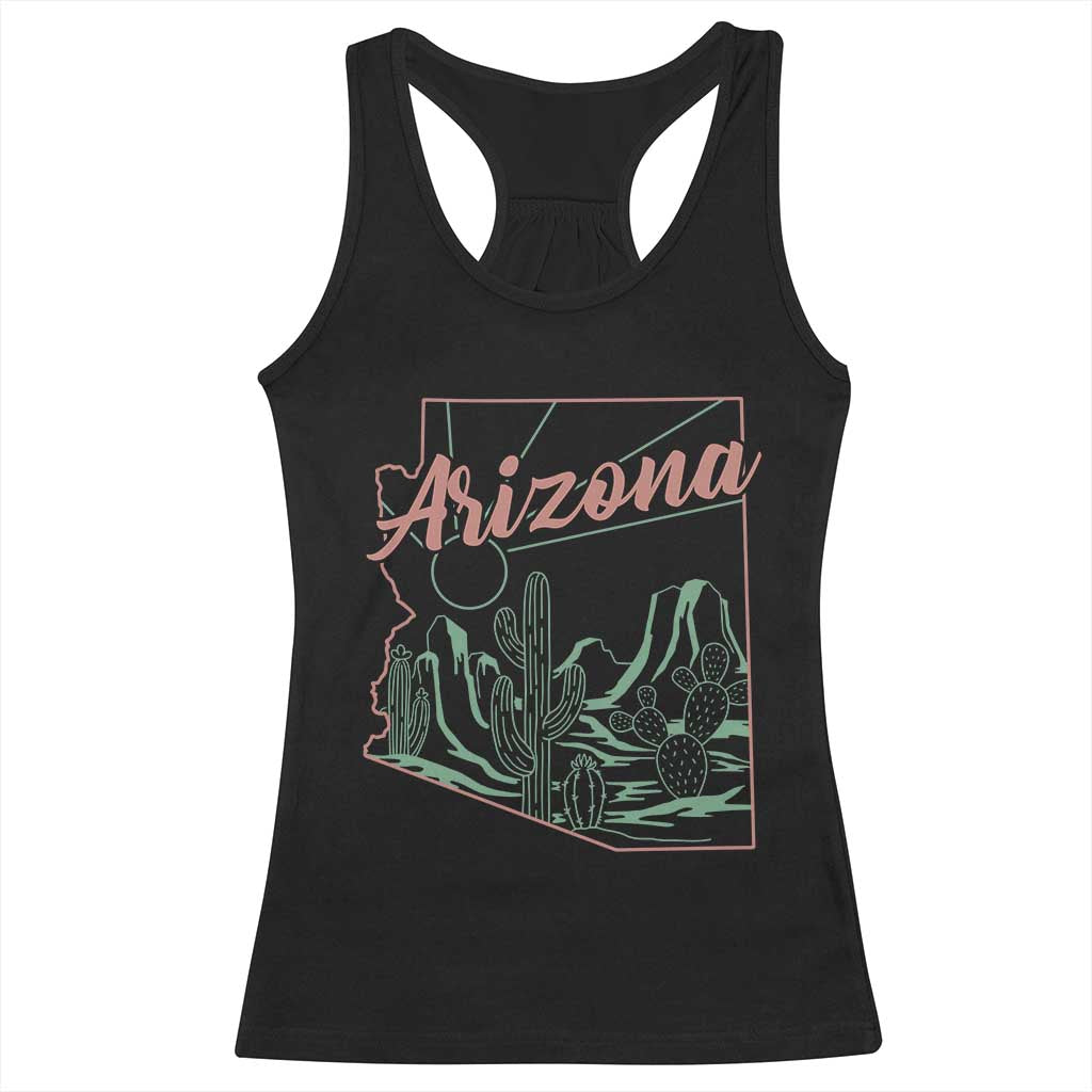 Vintage Arizona State Outline Desert Sunset Graphic Racerback Tank Top Retro Southwest Saguaro Cactus Travel Souvenir TS02 Black Print Your Wear