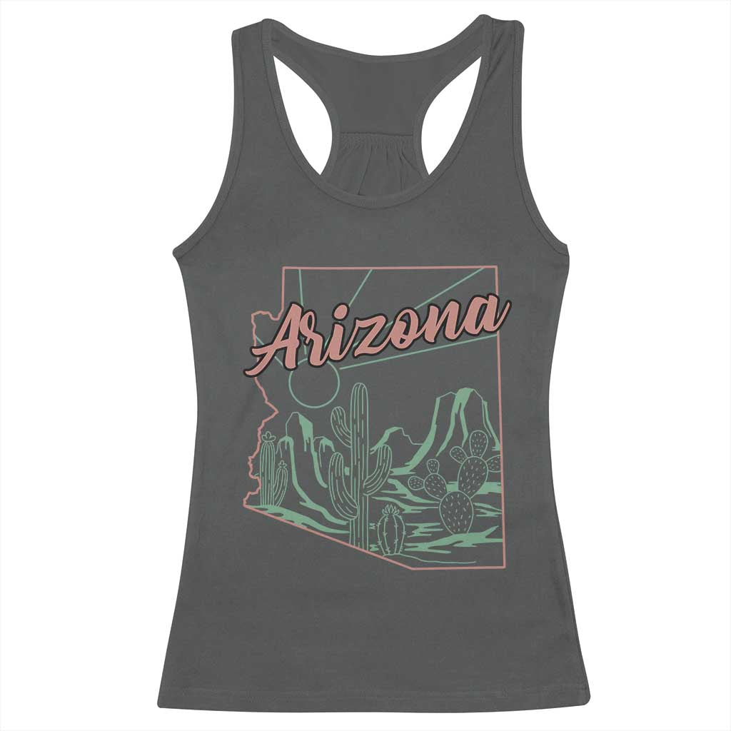 Vintage Arizona State Outline Desert Sunset Graphic Racerback Tank Top Retro Southwest Saguaro Cactus Travel Souvenir