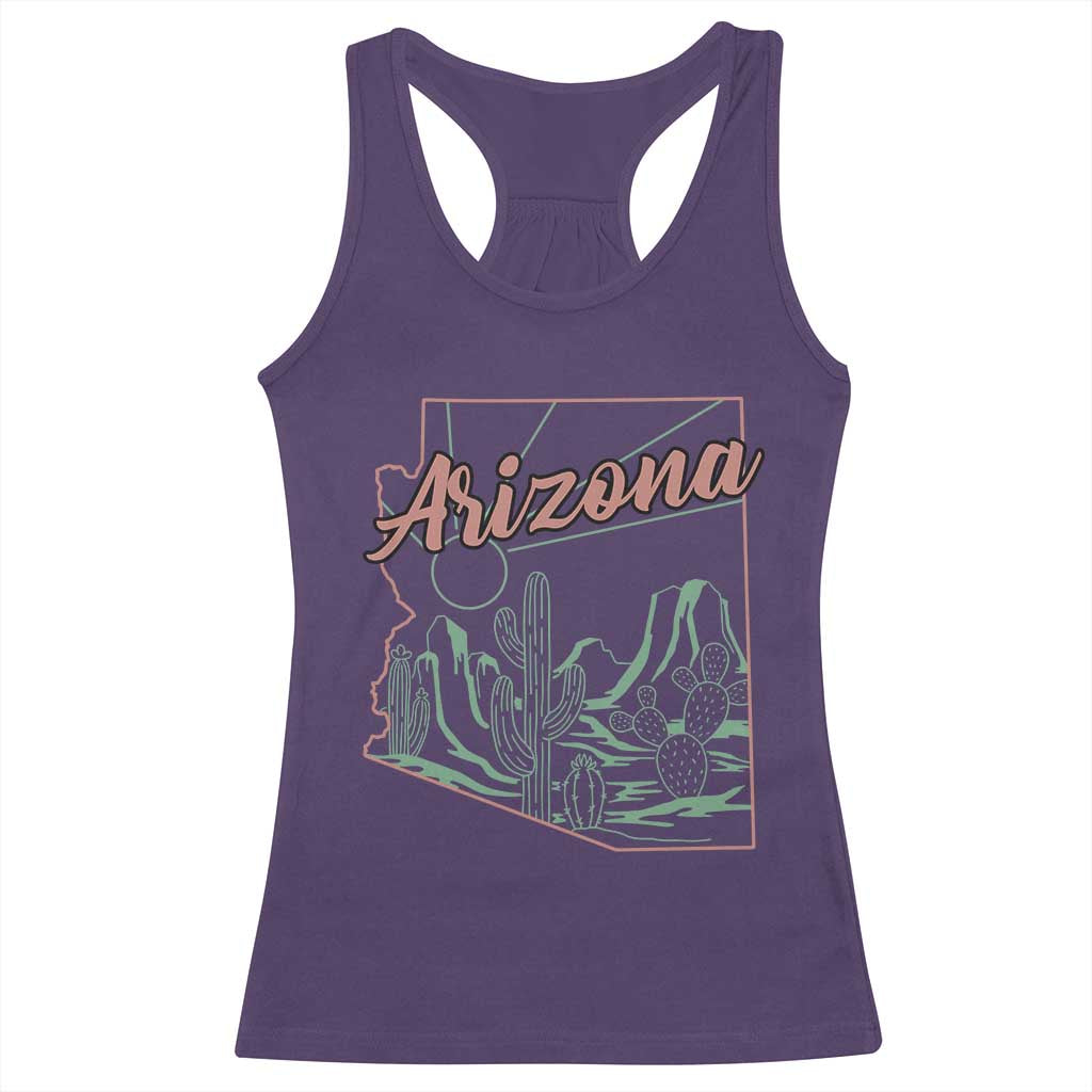 Vintage Arizona State Outline Desert Sunset Graphic Racerback Tank Top Retro Southwest Saguaro Cactus Travel Souvenir